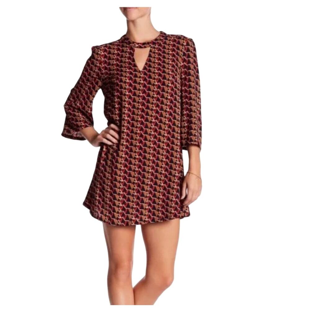 NWT Nordstrom’s Miss Me Tan, Navy, Orange/Red Geometric Print Shift Dress - S - Picture 2 of 10